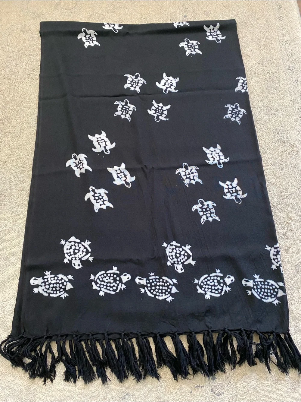 Turtle Print Sarong Fringe Scarf Wrap Cover Up Swim Beach Vacation Black White